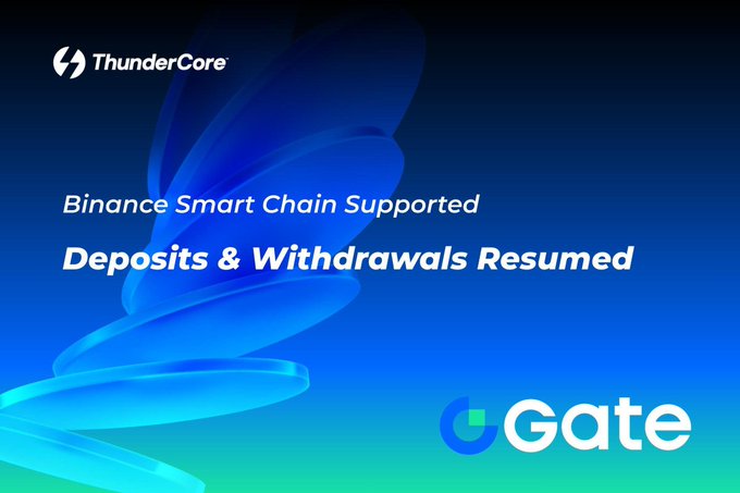 A blue and green gradient announcement graphic from ThunderCore and Gate stating 'Binance Smart Chain Supported - Deposits & Withdrawals Resumed'.