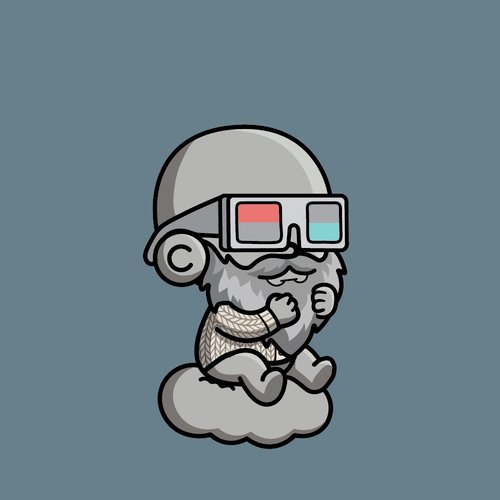 A cartoon illustration of a bearded figure wearing 3D glasses, sitting on a cloud against a gray background.