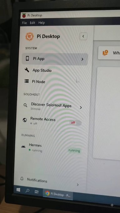 A close-up photo of a laptop screen displaying the "Pi Desktop" interface, showing the "Pi Node" option under the System menu and a "Hermes" Node marked as "running" in green, visually reinforcing the post's message about the importance of running Pi Network Nodes to strengthen the ecosystem.