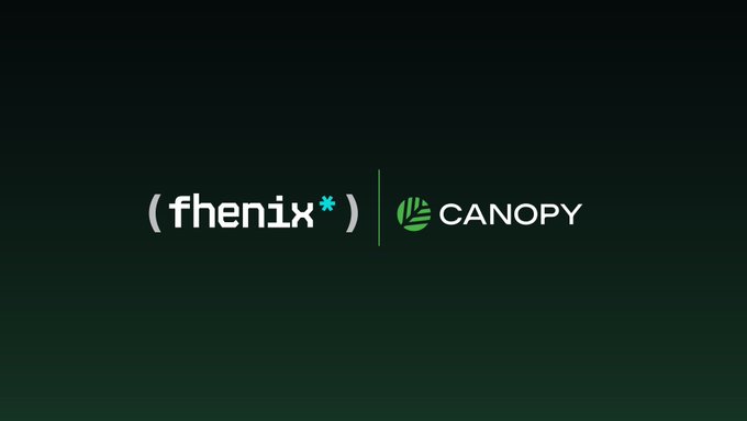 A dark green background displays the logos for "(fhenix*)" and "CANOPY" side by side, separated by a vertical line.