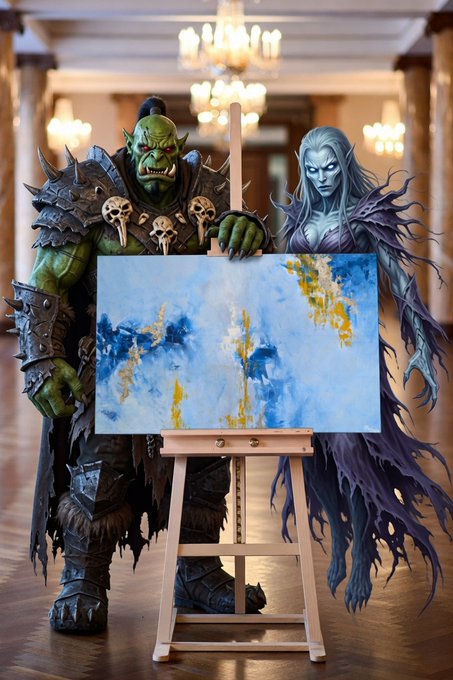 An orc and a ghostly elf stand beside an easel displaying an abstract blue, gold, and white painting titled "Dream Big 08" in a grand, chandelier-lit hall. The artwork seems to embody the post's creative spirit, blending fantasy art promotion with a whimsical NFT update.