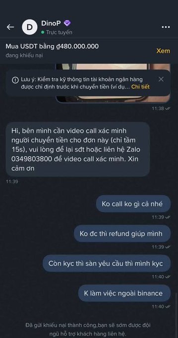 A Telegram chat screenshot in Vietnamese shows a scam attempt where a user 'DinoP' offers to buy $480,000,000 USDT but refuses video calls, red flags for fraud.