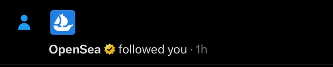 A social media notification from OpenSea (verified) shows that they have followed the user, marked as '1h' ago.