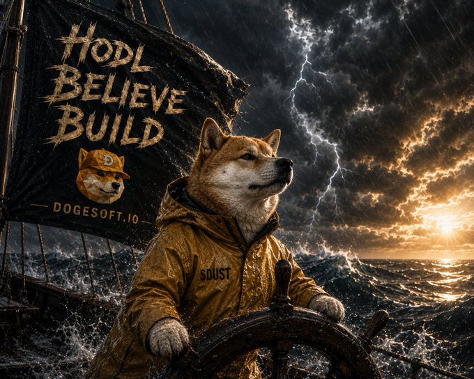 A Shiba Inu dressed in a yellow "SDUST" jacket confidently steers a ship's wheel through a stormy sea under dramatic lightning, beside a black sail reading "HODL BELIEVE BUILD" and "DOGESOFT.IO." The adventurous, doge-piloted voyage visually embodies the post's call to "make building fun" through Dogecoin.