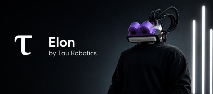 A promotional image for Tau Robotics' new $ELON token on Solana, featuring a person wearing a purple robotic headset with the tagline "Elon by Tau Robotics" displayed alongside vertical light bars in the background.