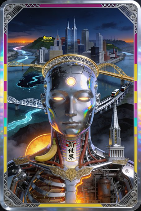 A holographic cyberpunk deity with glowing eyes and intricate mechanical detailing towers over a stylized skyline featuring Pittsburgh's iconic bridges, skyscrapers, and a church steeple, with Chinese characters reading "新世界" (New World) on its neck and a banana resting at its base. The post highlights this as the "Pittsburgh" installment of the "New World global oracle series," inviting viewers to suggest the next city for the ongoing AI-generated collection.