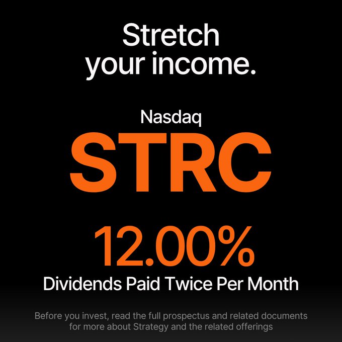 A promotional graphic for Nasdaq: STRC advertising 'Stretch your income' with 12.00% dividends paid twice per month, referencing Strategy and related offerings.