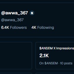 A social media profile card for @awwa_367 showing 6.4K Followers, 4K Following, and $ANSEM X Impressions of 2.1K.