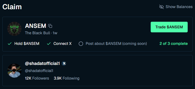 A user interface displays a "Claim" page for $ANSEM tokens featuring profile details for @shadatofficial1 (12K Followers, 3.9K Following), with checklist items showing "Hold $ANSEM" and "Connect X" completed (2 of 3 complete), while "Post about $ANSEM" remains pending—directly corresponding to the user's struggle with Task #3 of the $ANSEM airdrop campaign.