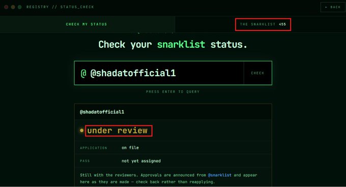 The image shows a "Registry // Status_Check" webpage where the username "@shadatofficiall" displays an "under review" status, with the page noting "THE SNARKLIST 455" approvals have been made. This relates to the post about waiting for approval from @zksnarks_ for Snarklist, showing that while 455 users have been approved, this user is still waiting with their application on file and not yet assigned a pass.