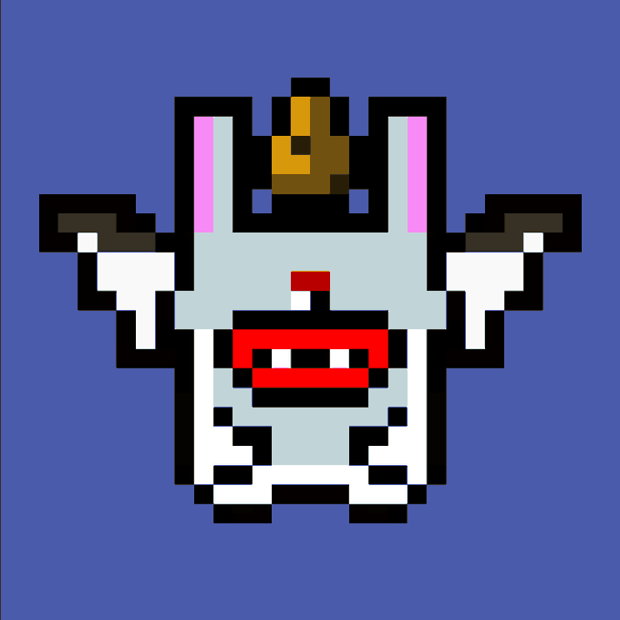 A pixel art character resembling a small, white, horned creature or robot with pink accents, a red mouth, and a golden top piece on a solid blue background.