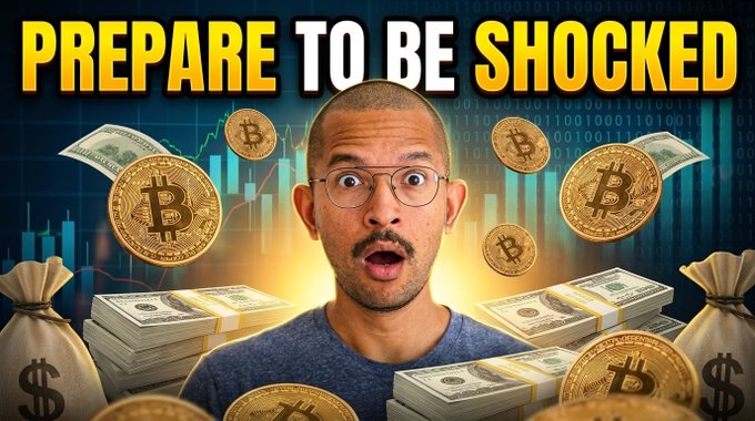 A YouTube thumbnail titled "PREPARE TO BE SHOCKED" features a man with a surprised expression, surrounded by Bitcoin coins, stacks of cash, money bags, and a rising stock chart—visually reinforcing the video's call to action about buying Bitcoin and crypto.