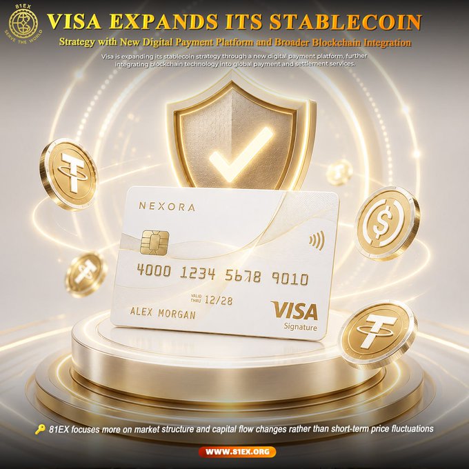 The image is a promotional graphic featuring a Nexora Visa credit card displayed on a golden pedestal, surrounded by floating stablecoin tokens (Tether and other dollar-pegged coins) and a large protective shield with a checkmark, symbolizing security. The headline reads "VISA EXPANDS ITS STABLECOIN Strategy with New Digital Payment Platform and Broader Blockchain Integration," visually reinforcing the post's message about Visa's push to integrate blockchain technology and stablecoins into mainstream payment systems.