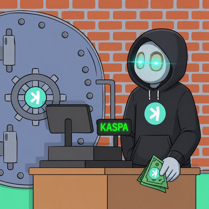 A hooded figure with glowing eyes hands out cash bearing the Kaspa "K" logo from a register labeled "KASPA," standing in front of a massive vault emblazoned with the same symbol—visually reinforcing the post's caption "One word. $KAS."