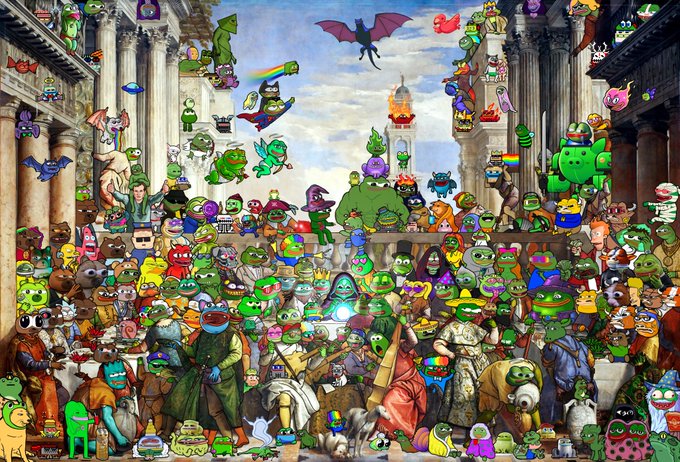 A whimsical reinterpretation of Raphael's "The School of Athens" where every figure—including philosophers, angels, and beasts in the architecture—is replaced with Pepe the Frog characters, tying into the "PepeExplorers" NFT collection being promoted. The massive crowd of colorful Pepes fills the classical hall, reflecting the large and diverse holder community of the project.