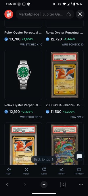 A mobile screenshot of a 'Marketplace | Jupiter Ga...' app displaying high-end items for sale, including Rolex Oyster Perpetual watches and 2006 Pokémon PSA cards, with prices and percentage gains shown.