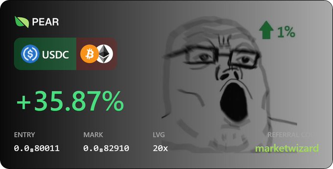 A trading card showing a PEAR/USDC long position with 20x leverage gaining +35.87%, featuring the "Soyjak crying" meme and labeled "marketwizard," humorously depicting a trader's exaggerated emotional reaction to profits amid post expectations of a BTC liquidity sweep toward 70k.