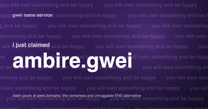 A purple graphic reads 'i just claimed ambire.gwei' with background text repeating 'you will own something and be happy.'
