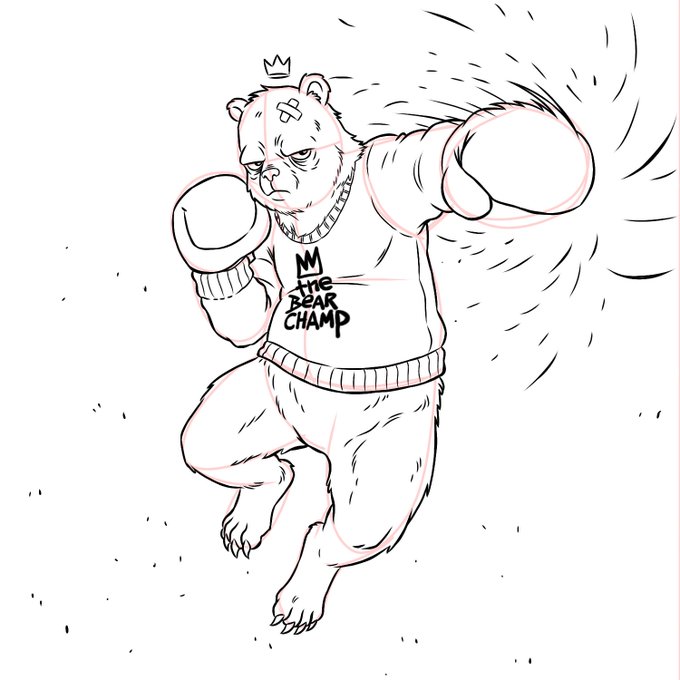 A line drawing sketch of an anthropomorphic bear wearing boxing gloves, a tank top with 'the BEAR CHAMP' text, and a small crown, throwing a punch with motion lines.