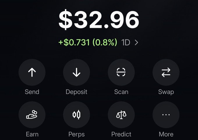 A mobile app screen showing a balance of $32.96, up +$0.731 (0.8%) in 1D, with buttons for Send, Deposit, Scan, Swap, Earn, Perps, Predict, and More.
