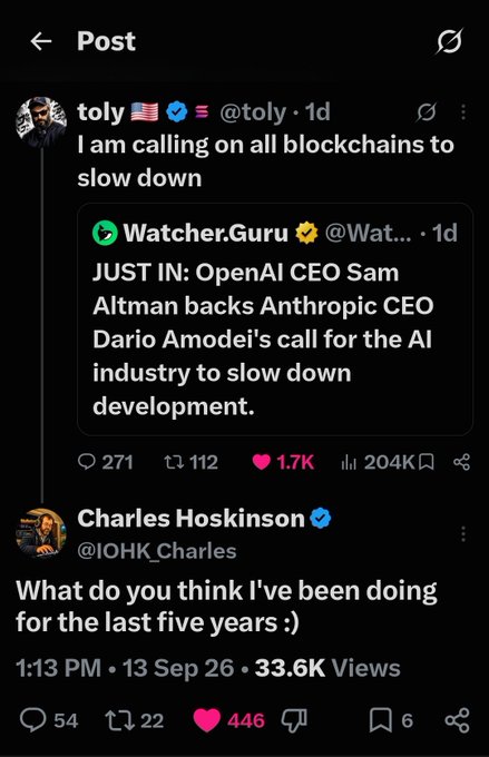 A Twitter/X post by user 'toly' calling on blockchains to slow down, quoting Watcher.Guru news about OpenAI CEO Sam Altman backing Anthropic CEO Dario Amodei's call for AI industry slowdown, followed by a reply from Charles Hoskinson joking 'What do you think I've been doing for the last five years :)'.