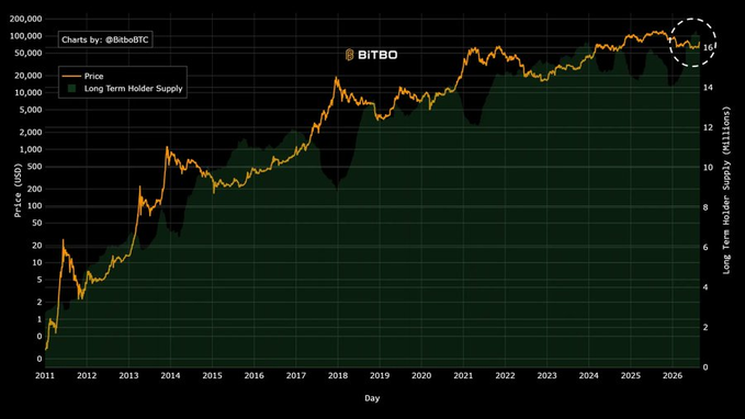 A BITBO chart by @BitcoinBTC showing Bitcoin's price (orange line) plotted against Long Term Holder Supply (green area) on a logarithmic scale from 2011 to 2026, with current values circled near $100,000.