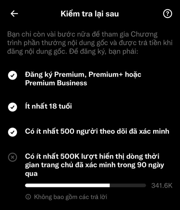 Vietnamese-language app screen titled 'Kiểm tra lại sau' showing requirements to join the original content monetization program, including a progress bar at 341.6K.