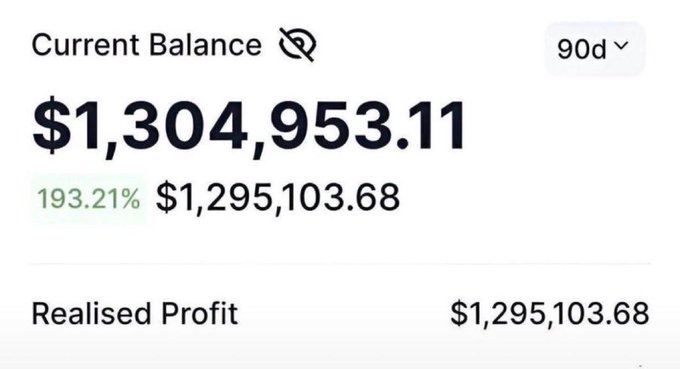 Account balance screenshot showing $1,304,953.11 current balance with a 193.21% gain and $1,295,103.68 realised profit.
