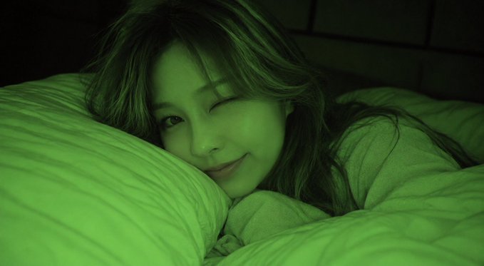 A photo of a young woman smiling while resting her head on a pillow, bathed in green-toned lighting.