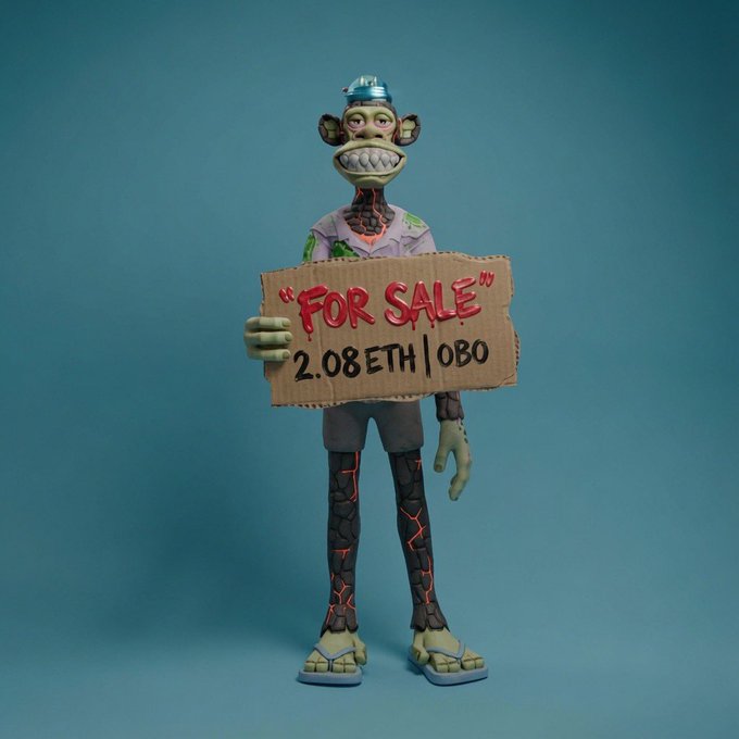 A 3D-rendered green monkey character wearing a hard hat, patterned shirt, and shorts with cracked texture holds a cardboard sign that reads "FOR SALE" and "2.08ETH | OBO" in red and black text.