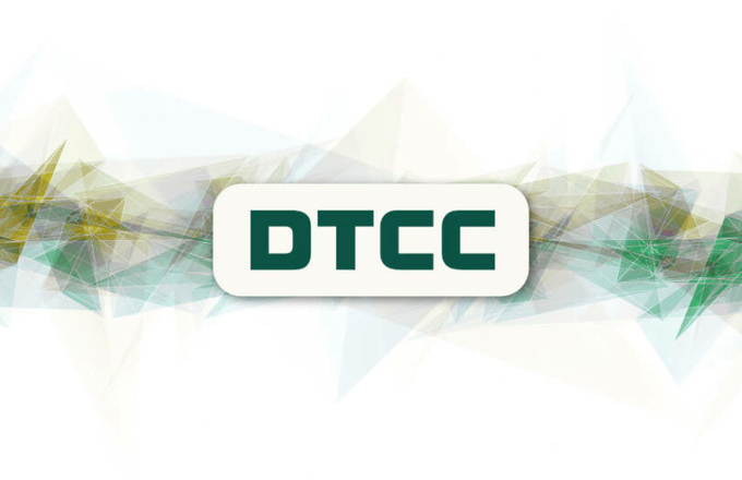 The image features the DTCC (Depository Trust & Clearing Corporation) logo displayed prominently in a white rounded badge with bold dark green text, set against an abstract background of colorful geometric shapes in greens, yellows, and blues. The logo visually represents the company at the center of the announcement about its upcoming tokenized securities pilot program launching in October with major financial institutions and tokenized assets including $MSFT, $CRCL, $QQQ, $SPY, and $SHV.