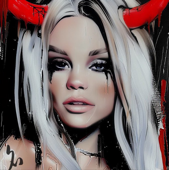 A stylized digital painting of a pale woman with long silver hair, red horns, and dramatic black dripping makeup running down her face, set against a dark background with red accents.