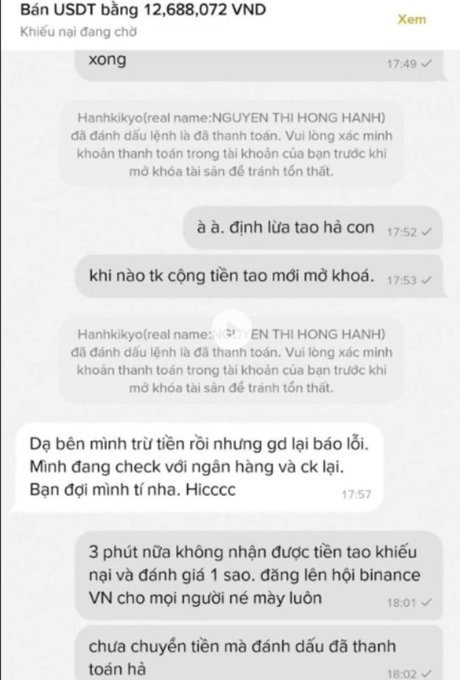 A Vietnamese language chat conversation between a user and 'Hanhkigoyo' (NGUYEN THI HONG HANH) regarding a USDT sale dispute worth 12,688,072 VND, with the user reporting being scammed.