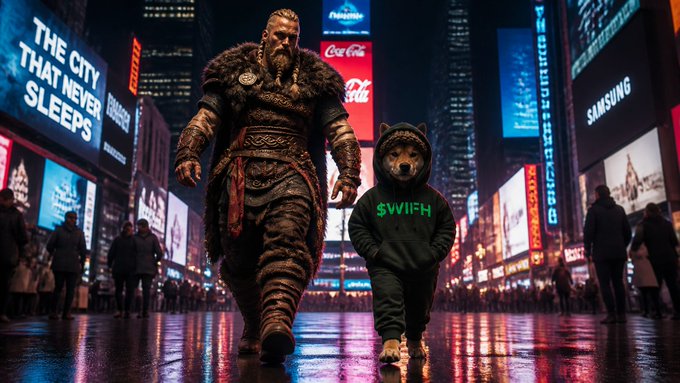 A cinematic scene in Times Square featuring a Viking warrior walking alongside a child wearing a dog hood and a "SWIIFH" sweatshirt, with billboards reading "THE CITY THAT NEVER SLEEPS" and "SAMSUNG".