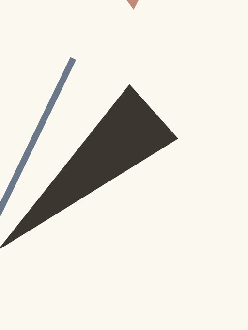 A minimalist geometric design featuring a black triangular shape with a blue line accent on a cream background, with a small pink triangle visible at the top.