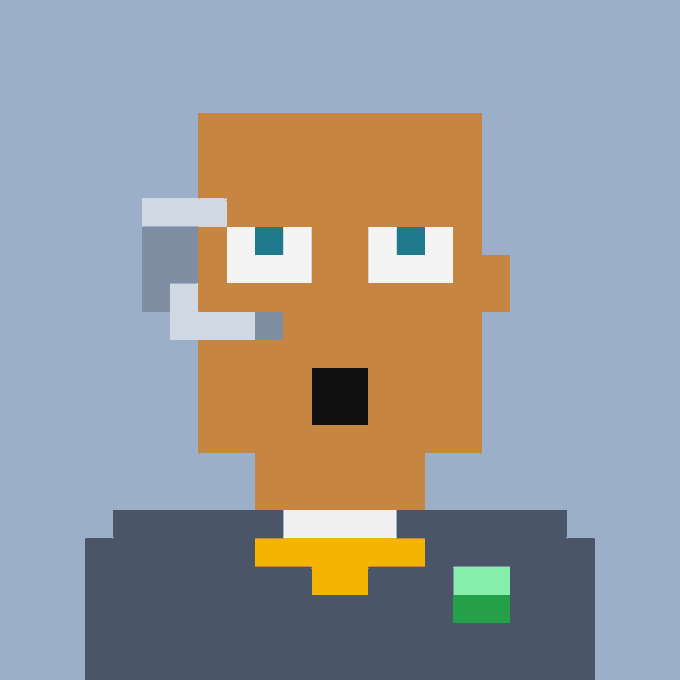 A pixel art portrait of a character with brown skin, teal eyes, and a gray device on their head, wearing a dark blue uniform with a yellow collar and a small green and white badge.