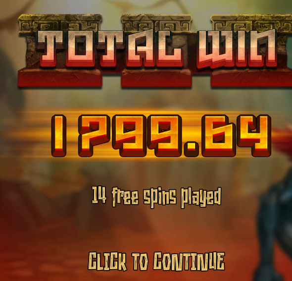 A slot machine game result screen titled 'TOTAC WIN' showing a massive win of '1P28.64' (1,028.64) with text indicating '14 free spins played' and a 'CLICK TO CONTINUE' button at the bottom.