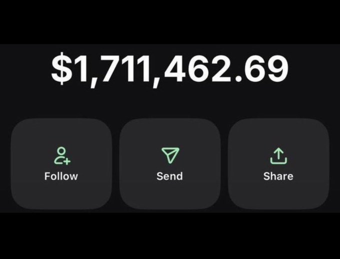 A dark-themed digital wallet or app interface displaying a balance of $1,711,462.69, with buttons labeled "Follow," "Send," and "Share."