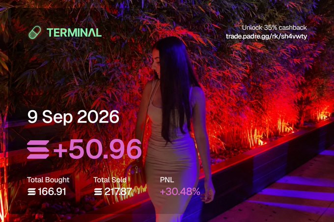 A promotional Terminal trading results graphic dated 9 Sep 2026 shows a woman in a white dress standing against a red-lit bamboo backdrop, with PNL stats totaling +50.96 SOL (a +30.48% gain) from buying 166.91 SOL and selling 217.87 SOL. The "Unlock 35% cashback" referral link (trade.padre.gg/rk/sh4vwty) in the corner pairs with the caption to advertise a successful daily trade alongside the cashback offer.
