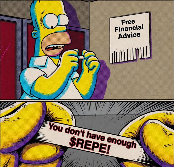 A two-panel Simpsons comic strip showing Homer looking nervously at a 'Free Financial Advice' sign, followed by a message from an angry crowd reading 'You don't have enough $REPE!'.