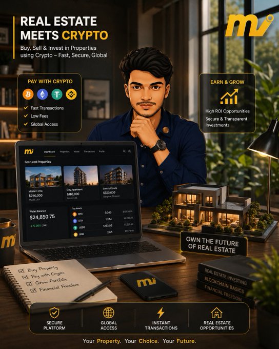 The image features a man sitting at a desk with a laptop computer, surrounded by various objects such as books and a plant. The main focus of the image is the laptop screen which displays information about real estate investing using cryptocurrency. The text on the image emphasizes the ease and convenience of managing assets through crypto, highlighting how it can be done in one place without any complicated steps or processes.