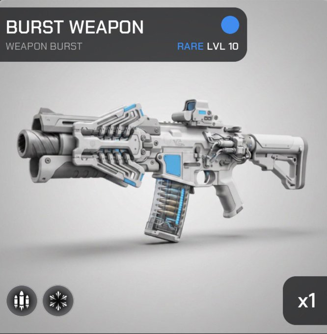 A digital interface displays a white and blue sci-fi rifle labeled "BURST WEAPON," "WEAPON BURST," and "RARE LVL 10" with an "x1" quantity indicator.
