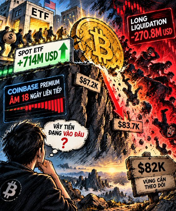 A Bitcoin trader stands puzzled before a dramatic cliff face marked with key levels ($87.2K, $83.7K, $82K), while the surrounding imagery highlights the paradox described in the post: spot ETFs absorbed +$714M in inflows, yet longs were liquidated for $270.8M, Coinbase Premium stayed negative for 18 consecutive days, and a giant BTC coin plunges toward lower support—visually capturing the disconnect between where ETF money is flowing and why price is still dropping.
