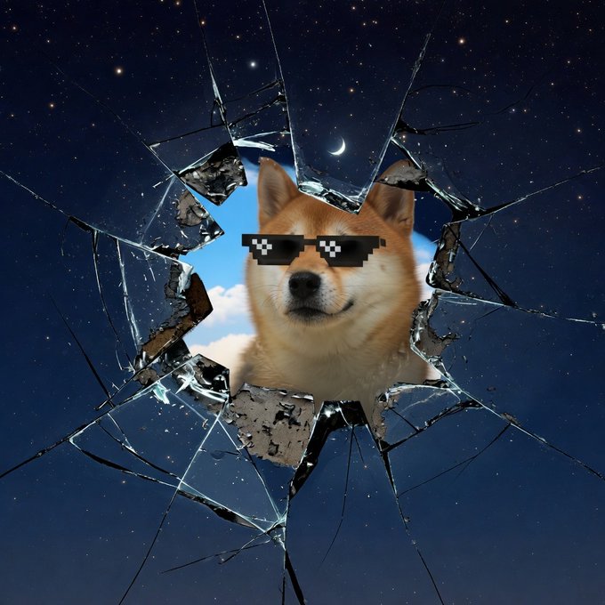 A digital meme showing a Shiba Inu dog wearing pixelated 'thug life' sunglasses breaking through shattered glass, revealing a blue sky and moon behind it.