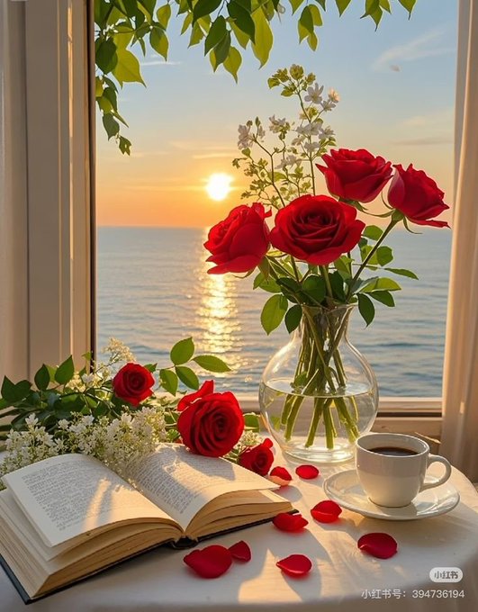 An artistic still life showing an open book, a vase of red roses and white flowers, a cup of coffee, and scattered rose petals on a windowsill with a sunset ocean view.