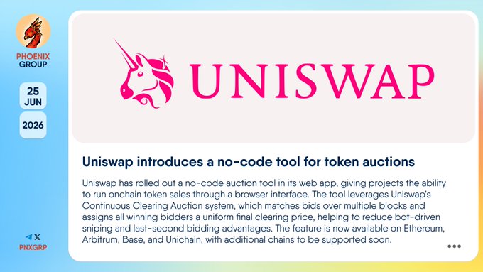 The image features a Phoenix Group social media post dated 25 JUN 2026 announcing Uniswap's launch of a no-code auction tool for onchain token sales, displayed with the Uniswap logo and detailing its Continuous Clearing Auction system now available on Ethereum, Arbitrum, Base, and Unichain.