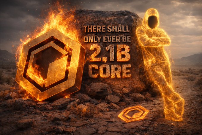 An AI-generated meme depicting a glowing golden knight made of fire standing next to a burning rock that reads 'THERE SHALL ONLY EVER BE 2.1B CORE' with a hexagonal Core logo.