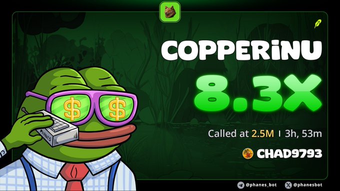 A promotional graphic from Phanes bot features the "CopperInu" ($COPPERINU) meme coin mascot—a Pepe-style frog in pink dollar-sign glasses and a checkered shirt holding a cash box—advertising an 8.3x gain called at 2.5M market cap by user CHAD9793, reinforcing the post's claim that the author actively spots and shares early on-chain calls that retail investors follow for profit.