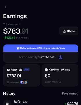 A screenshot of the Fomo app's Earnings dashboard showing a total earned balance of $783.91 (+$323.83 this week) from 78 referrals, with a referral link "fomo.family/r/mztacat" highlighted. The post excitedly shares a redemption of $700 from the FOMO platform while promoting the referral link, tying directly to the referral count and earnings visible in the dashboard.