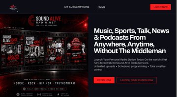 A promotional webpage for Sound Alive Radio Network featuring the headline "Music, Sports, Talk, News & Podcasts From Anywhere, Anytime, Without The Middleman" alongside imagery of various radio station genres including House, Rock, Hip Hop, and Trance. The page includes red "Listen Now" and "Launch Your Station" call-to-action buttons, aligning with the post's call to launch personal decentralized radio stations to escape censorship and retain full rights and advertising revenue.